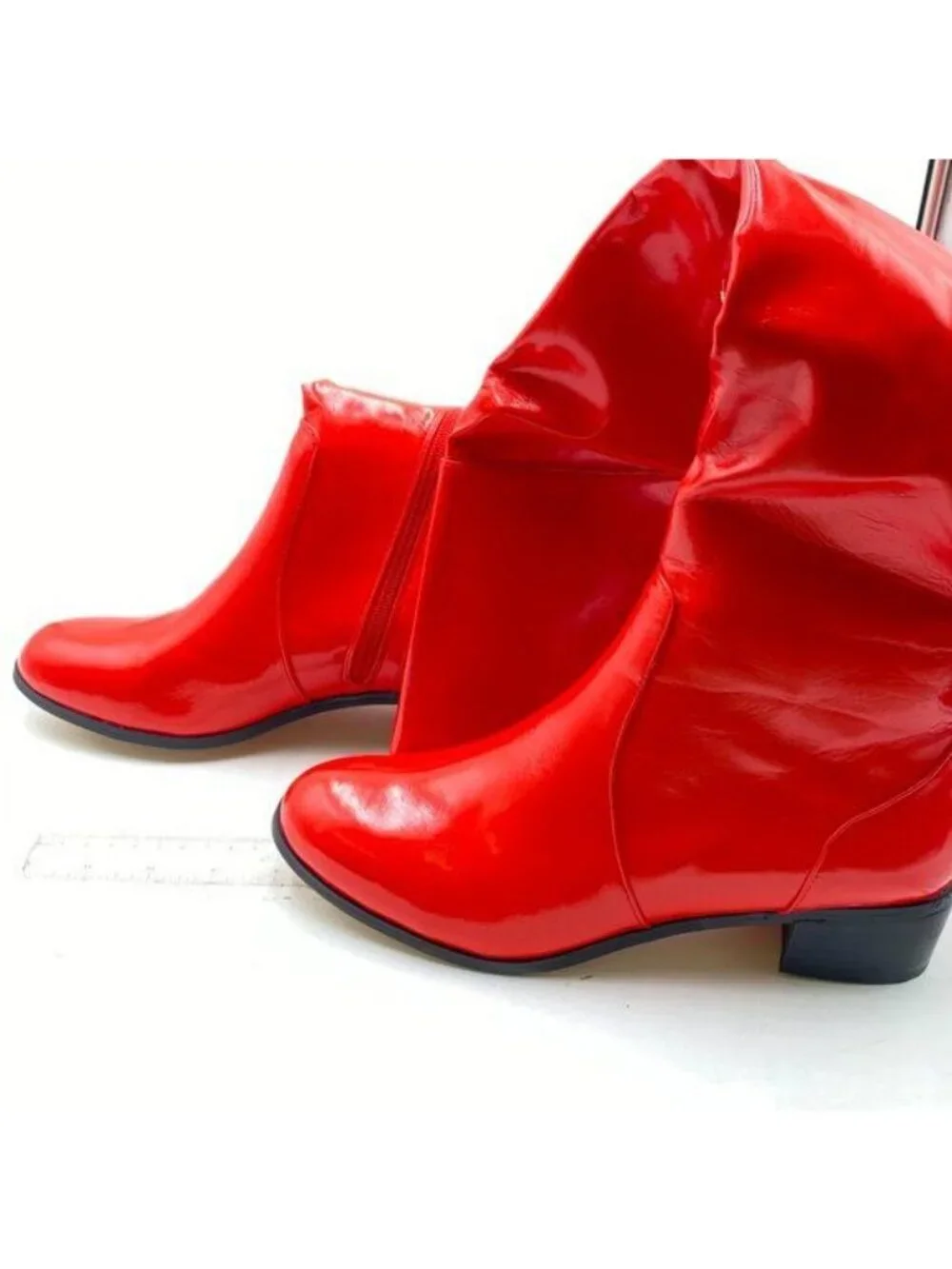 Red Over The Knee Thigh High Leather Chunky Heel Round Toe Bowknots Riding Boots